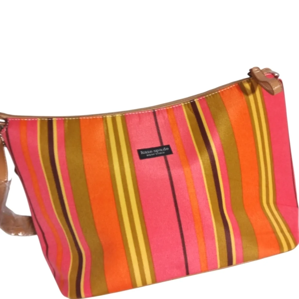 Kate Spade New York Striped Shoulder Bag Pink Orange Canvas Zip Tote